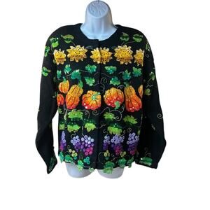 Jane’s Closet Harvest Pumpkin Grape Sunflower Sequin Cardigan Halloween Fall L